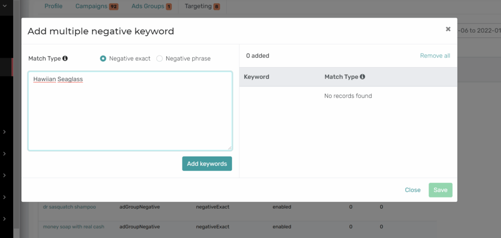 Screenshot of AiHello Autopilot feature showing how to add multiple negative keywords in Amazon PPC campaigns.
