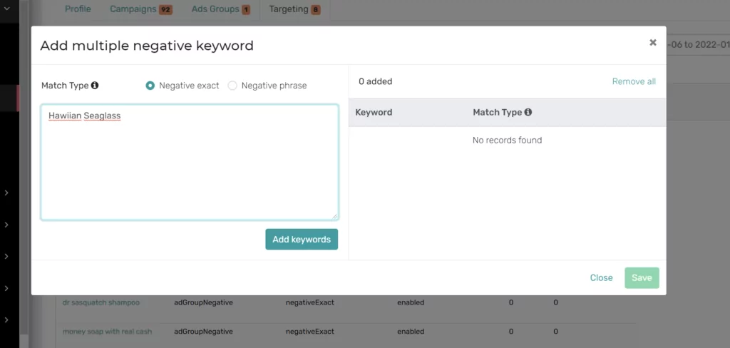 how to set up fba amazon | what digital marketing companies offer walmart marketplace services? | what does a9 mean Screenshot of AiHello Autopilot feature showing how to add multiple negative keywords in Amazon PPC campaigns.