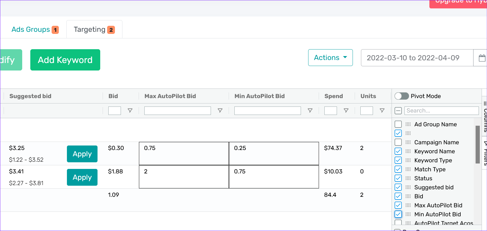 Setting up Max AutoPilot Bid and Min AutoPilot bid