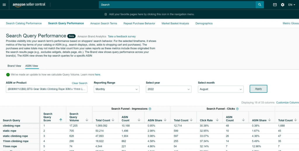 Analyzing search query performance on Amazon to increase sales and grow your business. Learn how to drive more sales, increase Amazon PPC sales, advertise your products, and boost organic sales by utilizing the search query performance module to monitor and optimize your keyword performance. An image showing the search query performance module on Amazon, along with the keywords "how to increase sales on Amazon," "how to grow my Amazon business," "how to drive more sales on Amazon," "how to increase Amazon PPC sales," "how to advertise my products on Amazon," and "how to increase organic sales on Amazon."