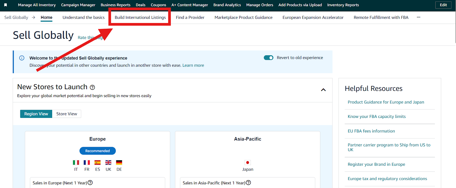 Screenshot of "Build International Listings" tab in Amazon seller central