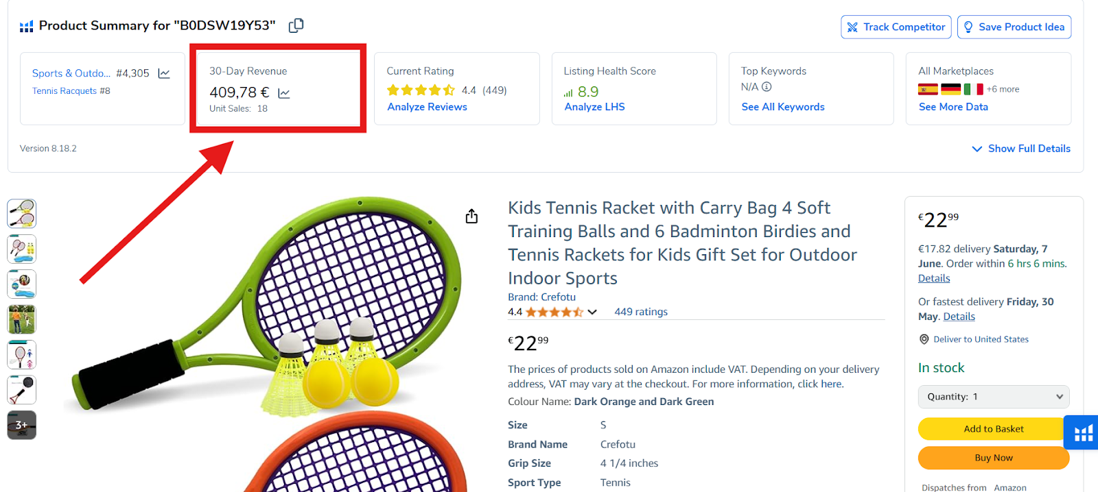 Amazon Spain product listing with demand analysis showing 409.78€ revenue