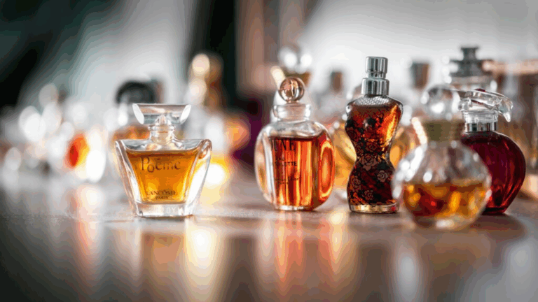 Elegant vintage perfume bottles on display.