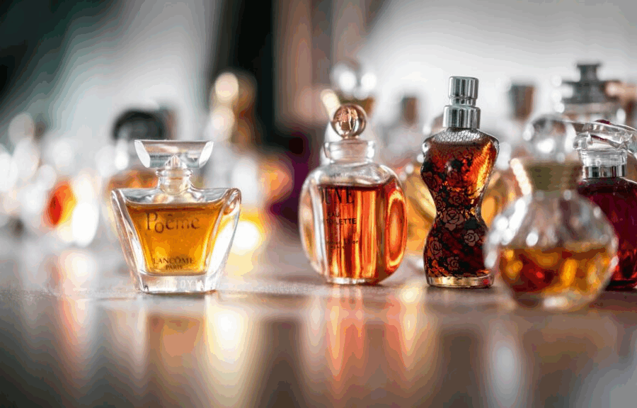 Elegant vintage perfume bottles on display.