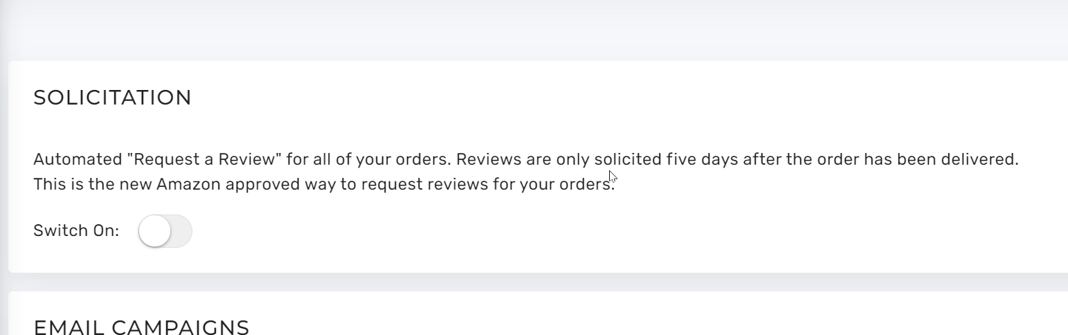 Screenshot of AiHello AutoPilot interface showing Solicitation toggle for Amazon’s automated Request a Review feature.